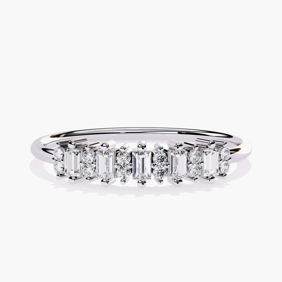 Front view of a white gold ring featuring a row of alternating baguette and round diamonds set vertically across the top in a prong setting. The slim polished band enhances the symmetry and sparkle of the diamond arrangement.
