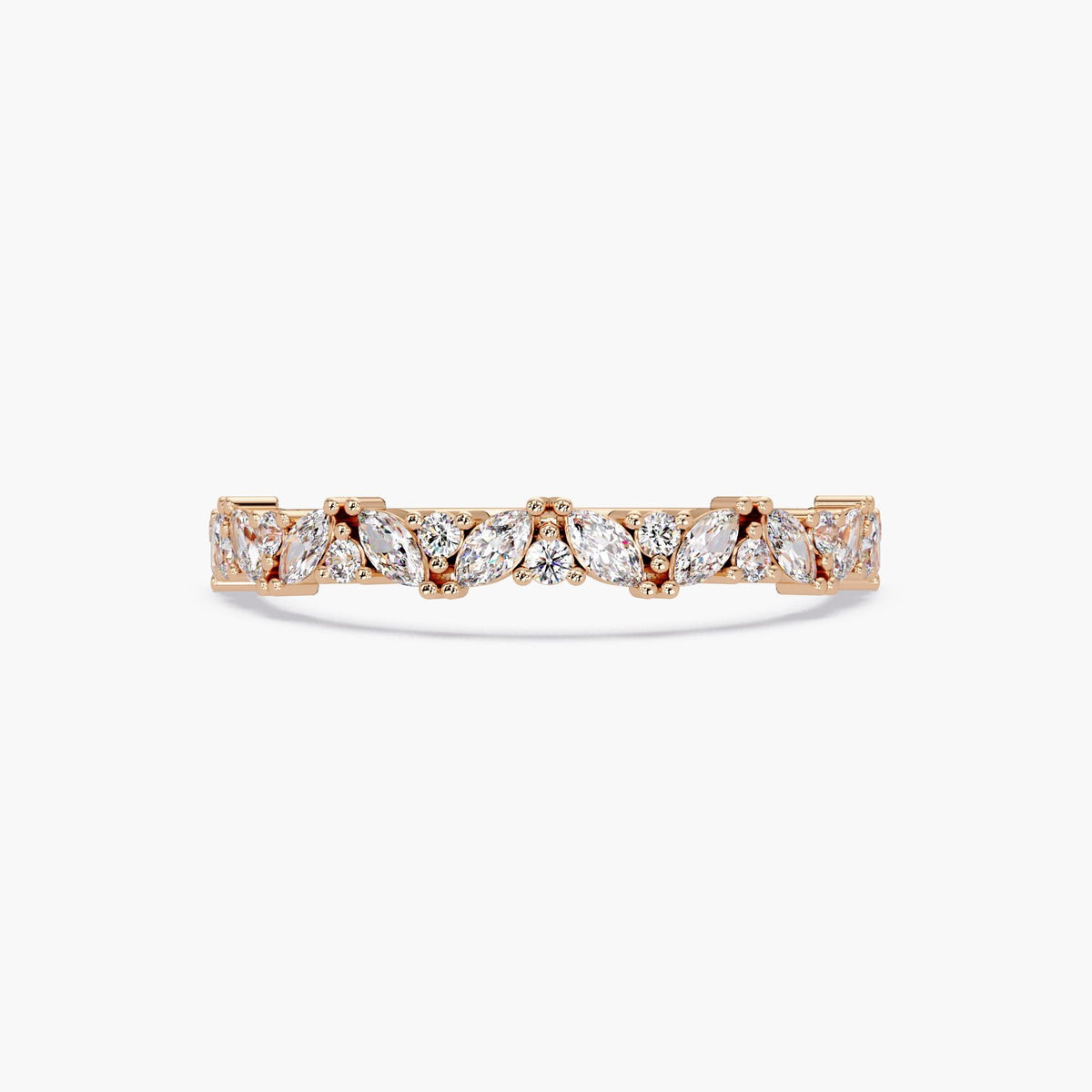 14K Gold Alternating Marquise & Round Diamond Band, Mix Cut Half Eternity Wedding Ring, Dainty Stacking Ring for Women