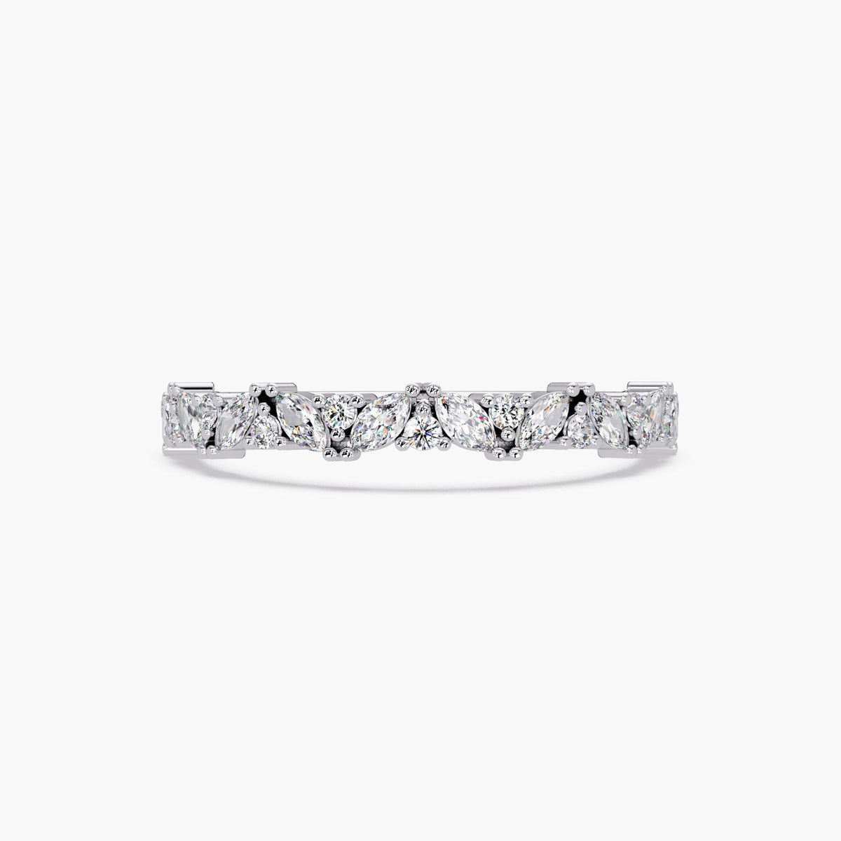 14K Gold Alternating Marquise & Round Diamond Band, Mix Cut Half Eternity Wedding Ring, Dainty Stacking Ring for Women