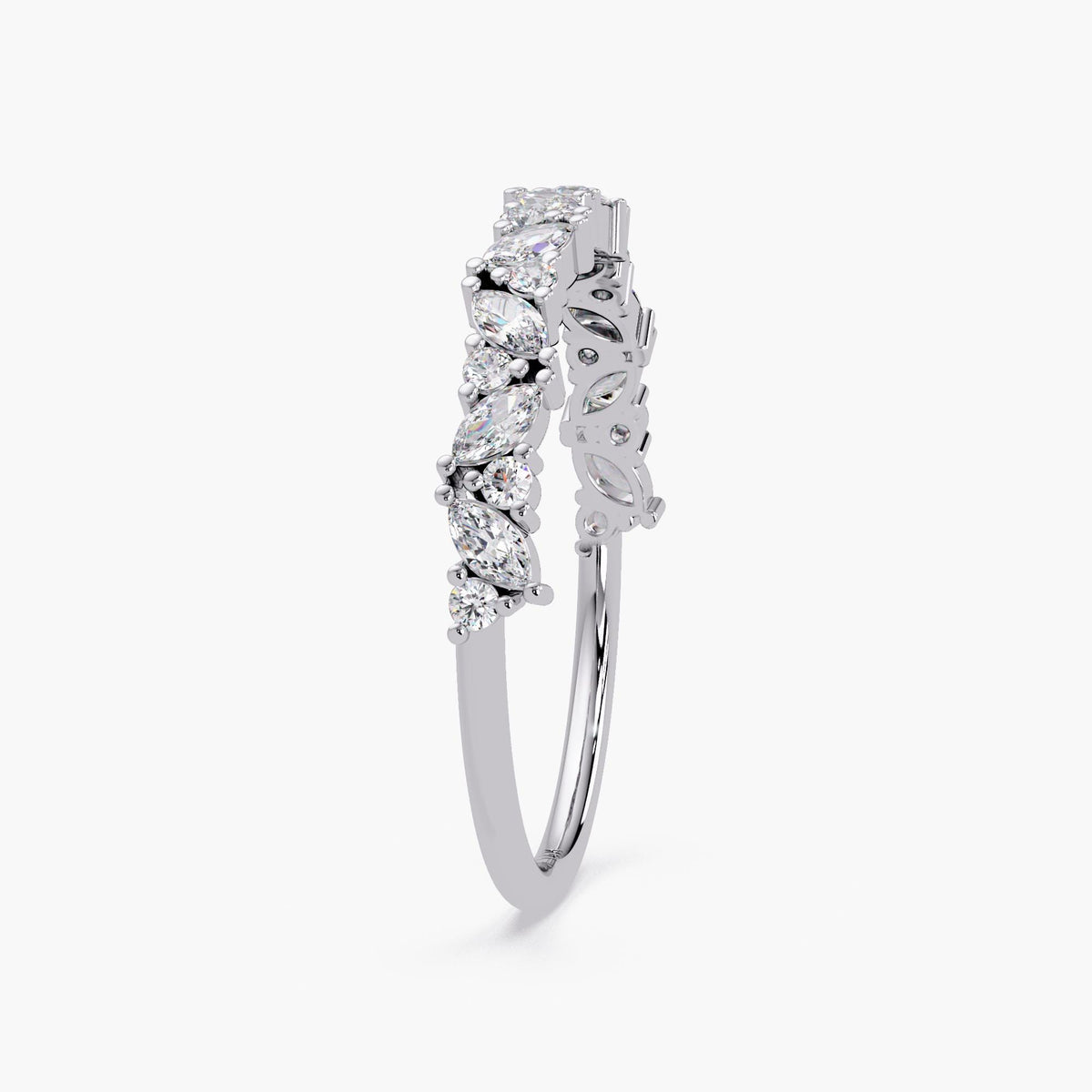 14K Gold Alternating Marquise & Round Diamond Band, Mix Cut Half Eternity Wedding Ring, Dainty Stacking Ring for Women