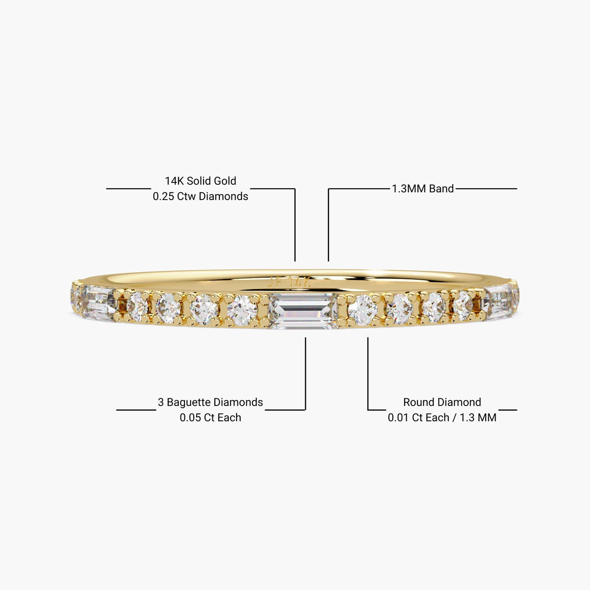 14K Gold Baguette and Round Diamond Ring, Thin 1.3mm Lab Grown Stackable Band, Dainty Wedding or Promise Ring