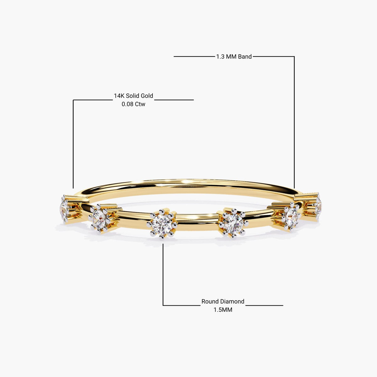 Labeled image of a 14k yellow gold distance diamond ring with six 1.5mm round natural diamonds in prong settings. The band is 1.3mm thick and totals 0.08 carats. Diamonds are evenly spaced, appearing to float above the slim gold band.