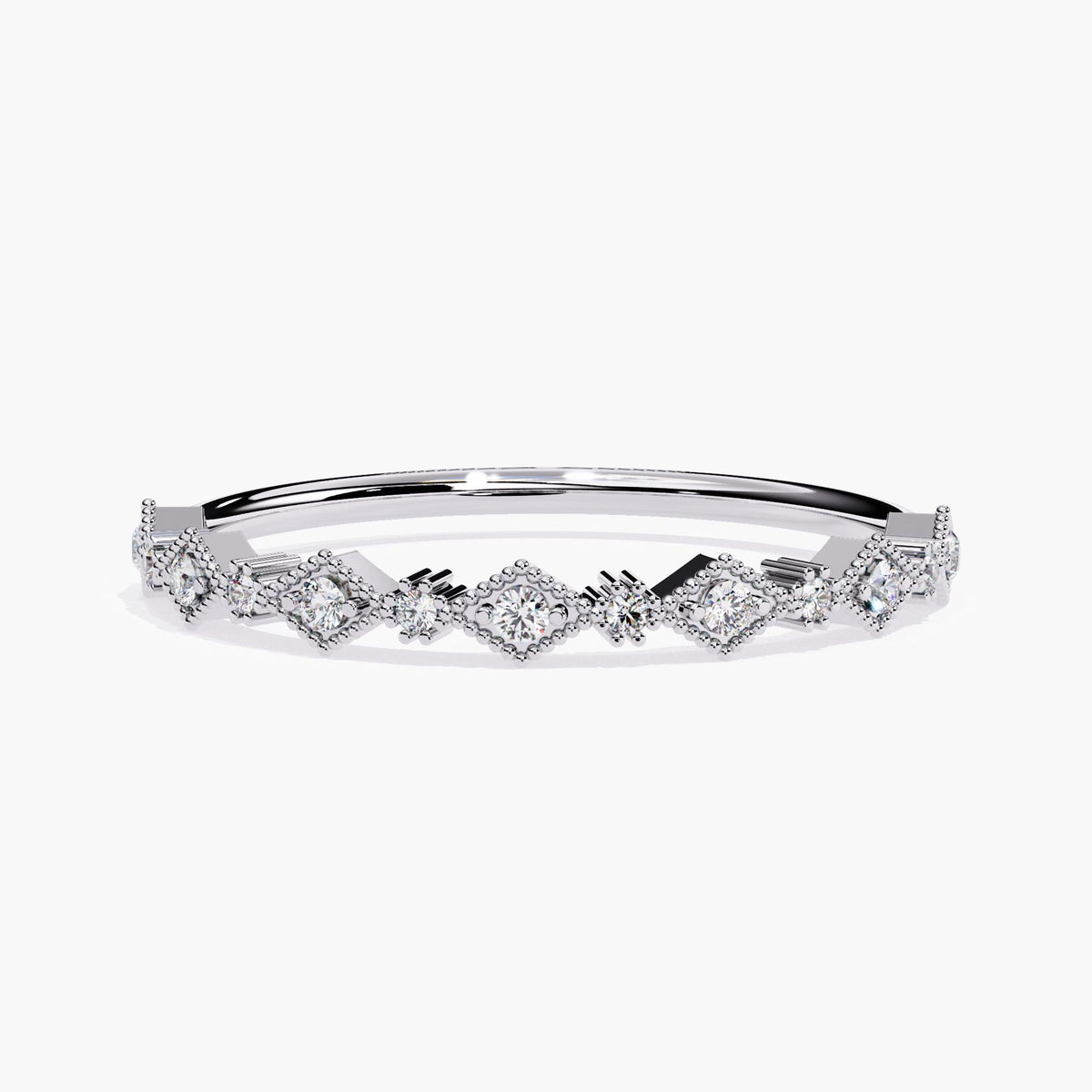 Front view of a 14k white gold Art Deco diamond ring featuring round lab-grown diamonds in alternating prong and milgrain marquise settings. The crisp white gold finish highlights the vintage-inspired half eternity design.