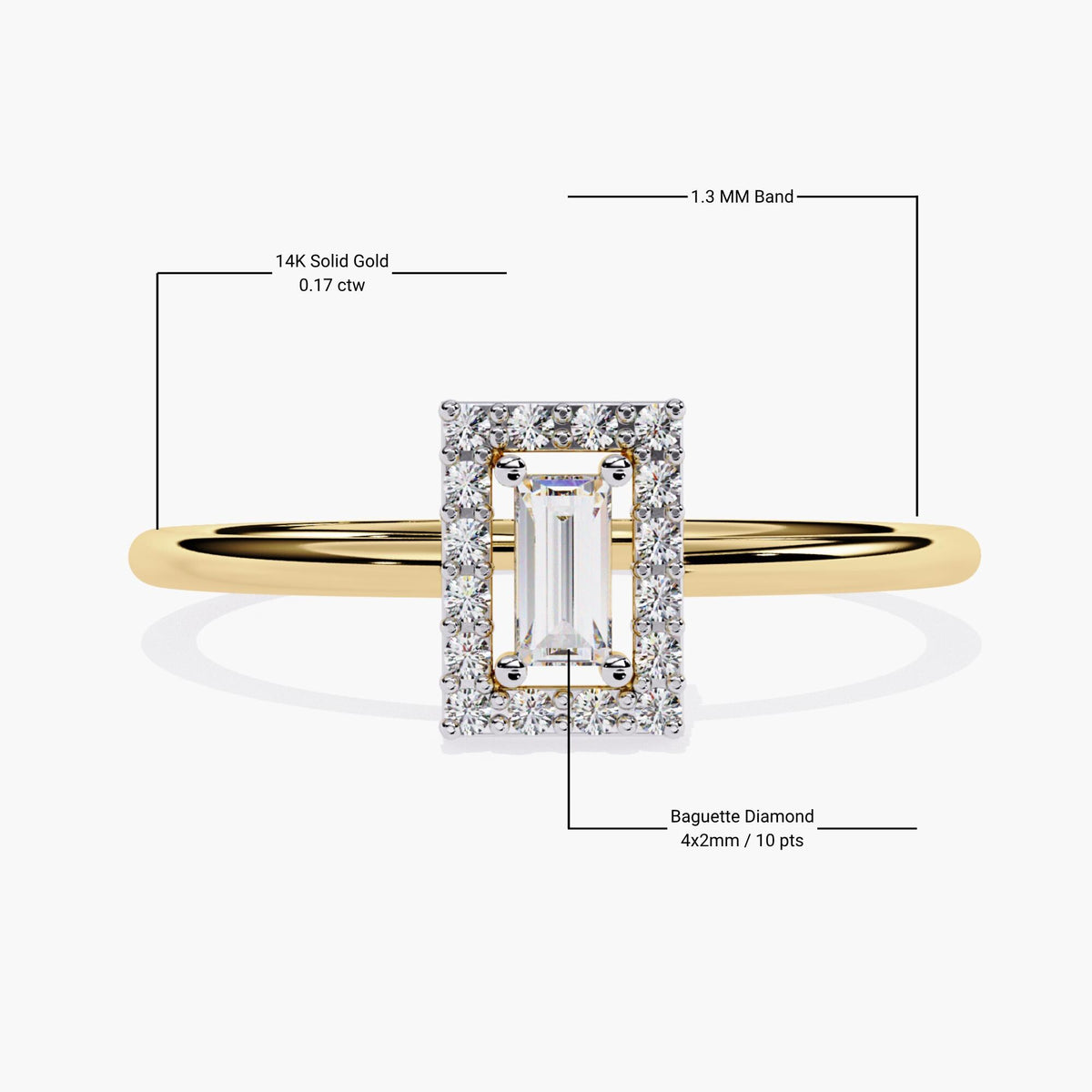 A yellow gold ring featuring a rectangular baguette-cut diamond at the center, surrounded by a halo of round brilliant diamonds. The center baguette diamond measures 4x2mm and weighs 10 points, while the surrounding halo enhances its brilliance. The band is made of 14K solid gold, with a sleek 1.3mm width. The detailed setting with the pave diamonds adds a modern yet timeless touch, perfect for an elegant engagement ring or statement piece.