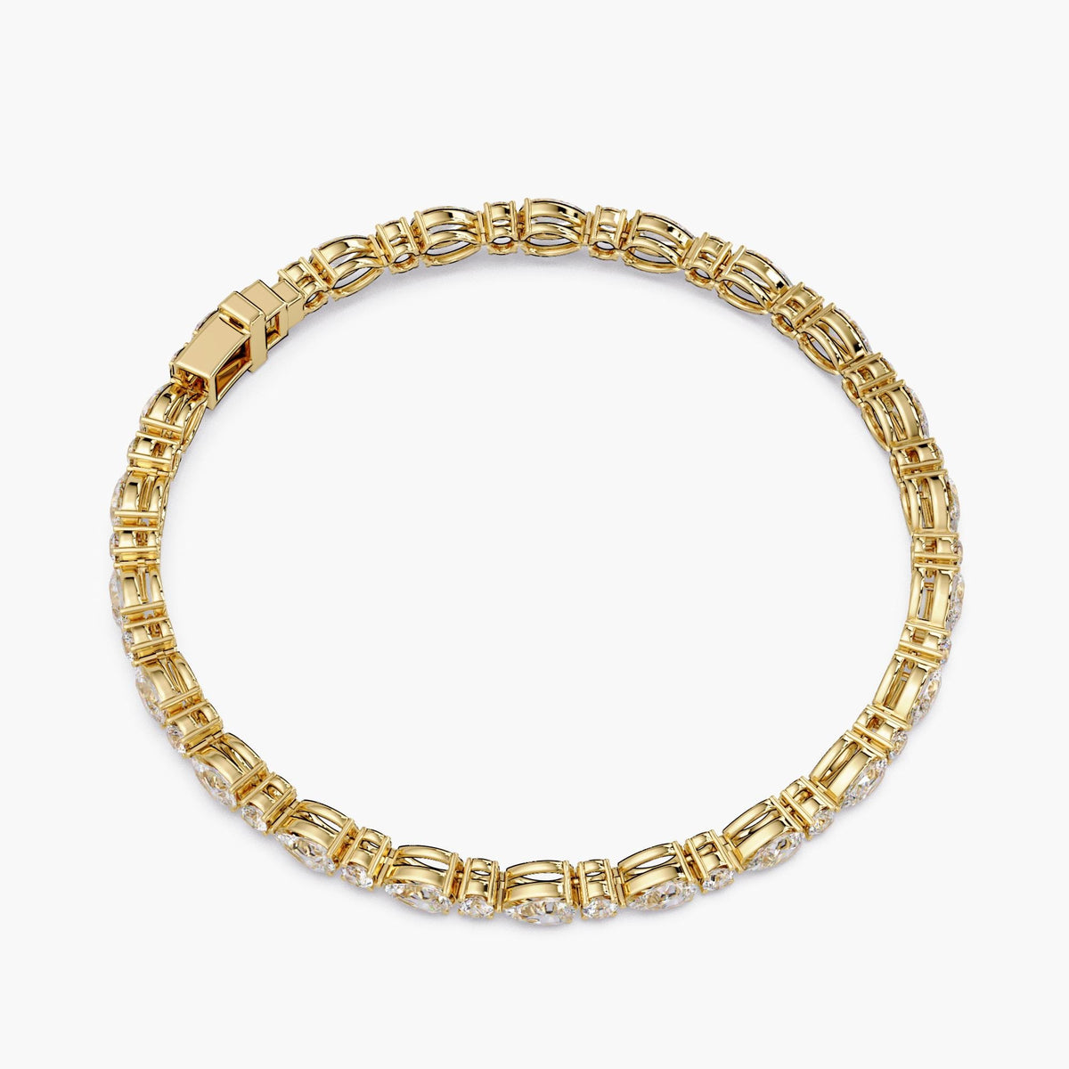 Pear Diamond Tennis Bracelet 14k Gold Lab Grown Diamond Bracelet 4.5Ct Round and Pear Diamond Bracelet Gold Gift for Her Anniversary Jewelry
Back view of a 14k yellow gold tennis bracelet showing the full circular shape, flexible links, and hidden clasp, designed for secure and comfortable wear.