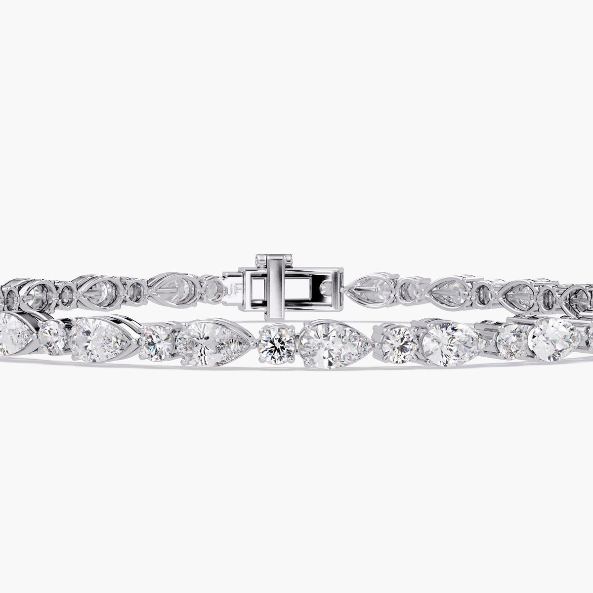 Pear Diamond Tennis Bracelet 14k Gold Lab Grown Diamond Bracelet 4.5Ct Round and Pear Diamond Bracelet Gold Gift for Her Anniversary Jewelry. Front view of a 14k white gold tennis bracelet with alternating pear-shaped and round lab-grown diamonds in prong settings, shown with clasp centered.
