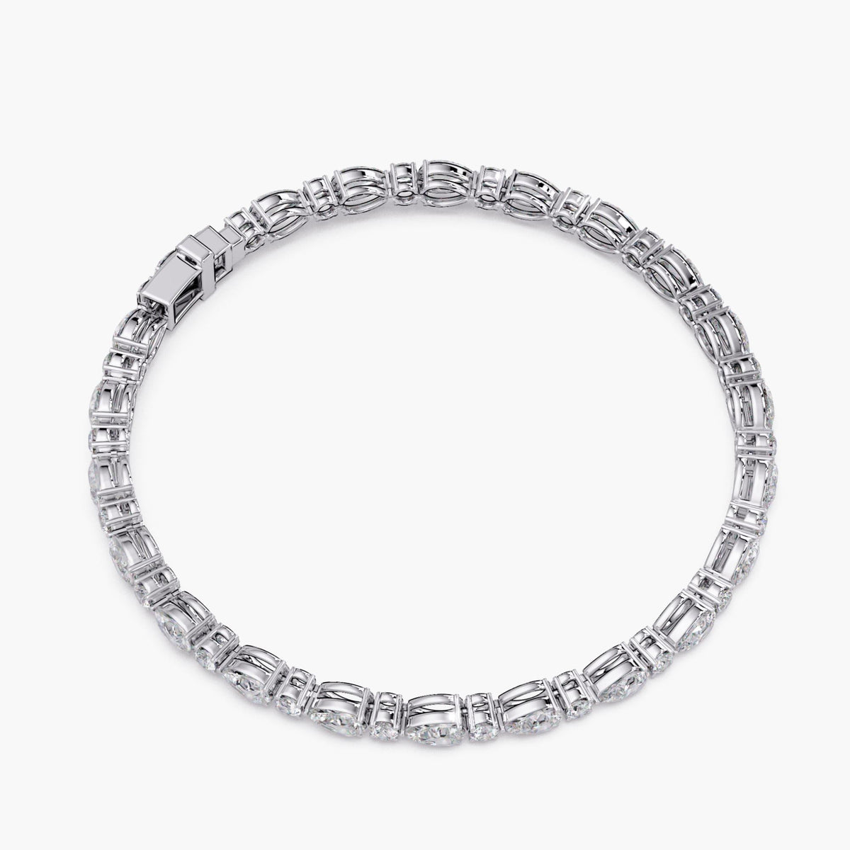 Back view of a 14k white gold diamond tennis bracelet shown in full circular form, highlighting flexible link design and secure clasp construction.