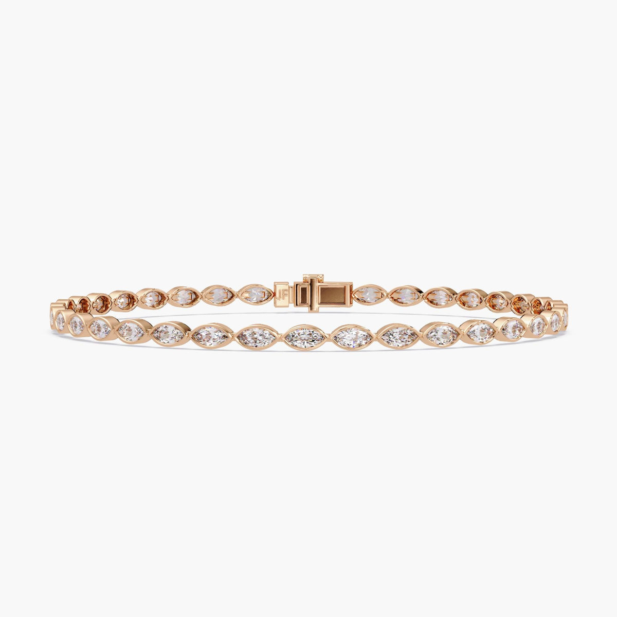 Front view of a 14k rose gold tennis bracelet with east-west bezel set marquise-cut lab grown diamonds and a center box clasp. Designed as a graceful statement for everyday wear or meaningful occasions, combining warmth and brilliance in one refined piece.