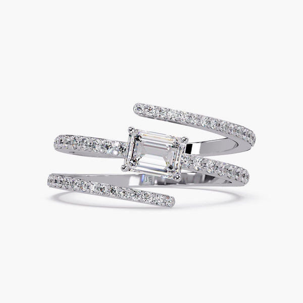 Open Wrap Diamond Ring, 14K Gold Triple Row Wrap Around Ring, Emerald Diamond Statement Ring, Spiral Ring Diamond Wrap Ring