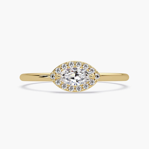 Dainty Gold Ring Marquise, Marquise Diamond Ring Small, Marquise Sideway Diamond Ring, Simple Gold Solitaire Halo Ring