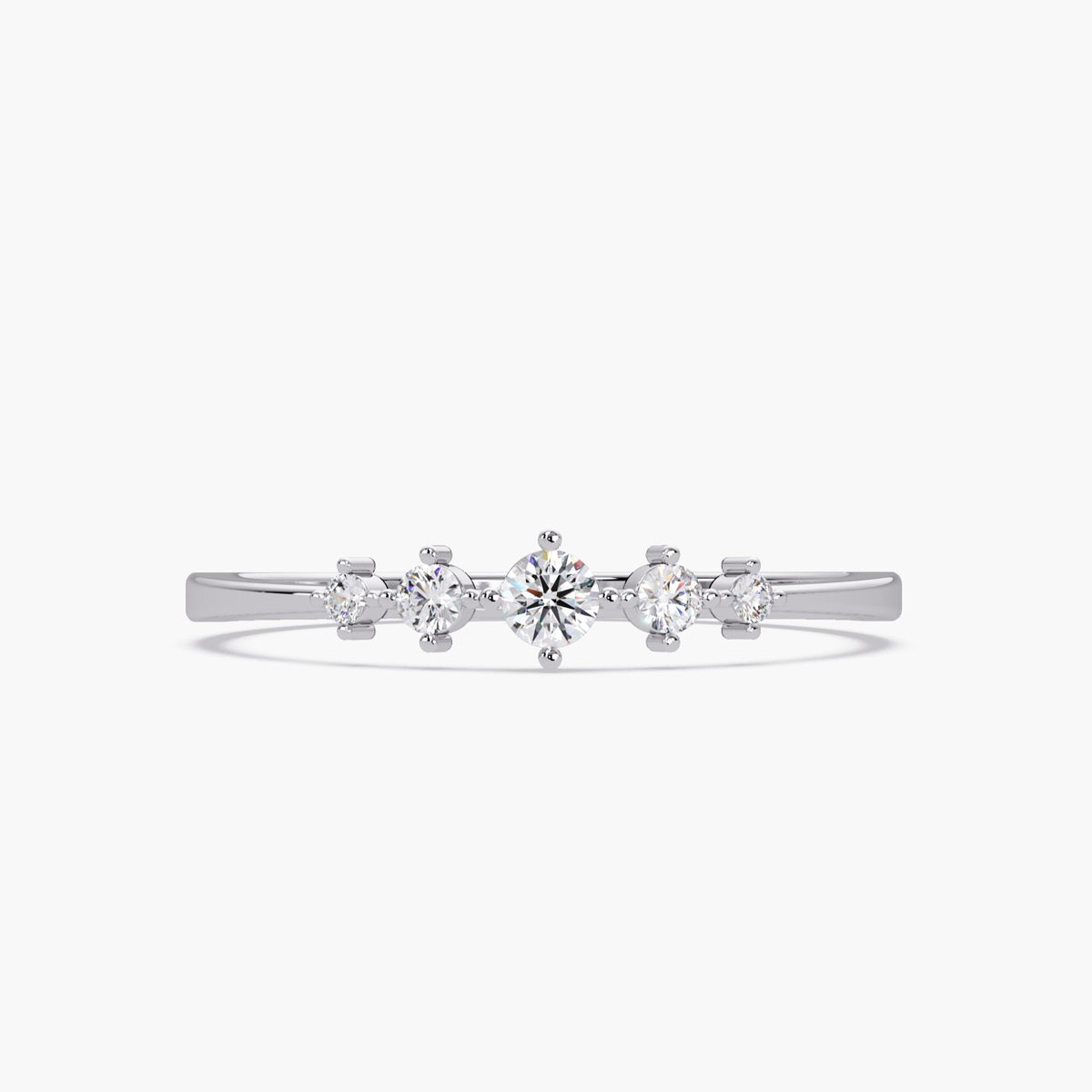 Tapered Five Diamond Band in 14K White Gold, Delicate Stacking Ring.