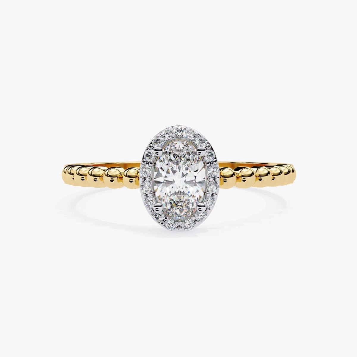 0.50 Ct Oval Halo Diamond Engagement Ring Yellow Gold: 14K Gold Beaded Band