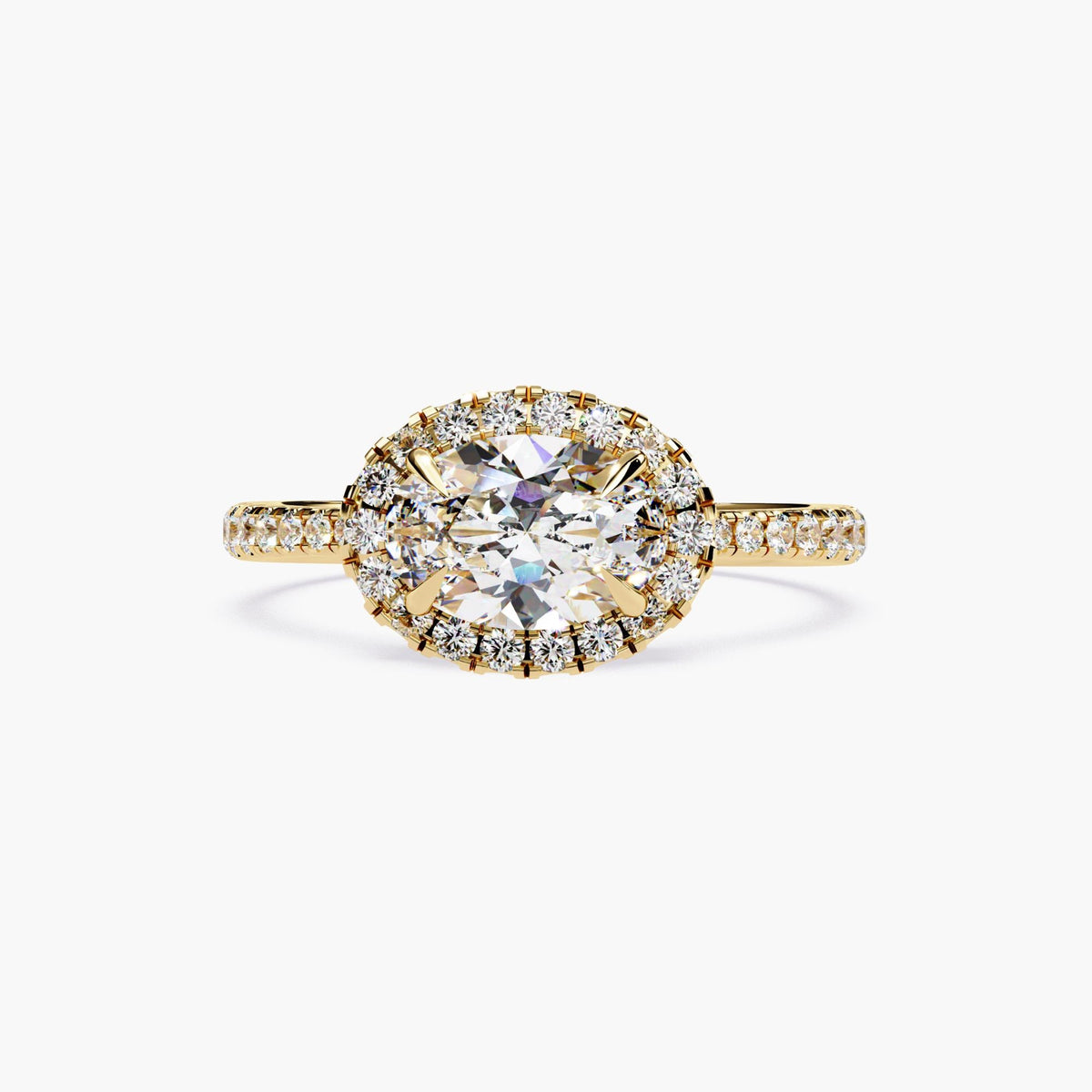Diamond Halo Engagement Ring East West Setting Oval Stone Design Yellow Gold Band Premium Quality Construction Modern Bridal Collection Perfect Proposal Piece Forever Symbol Beautiful Accent Details Unique Orientation Style Elegant Wedding