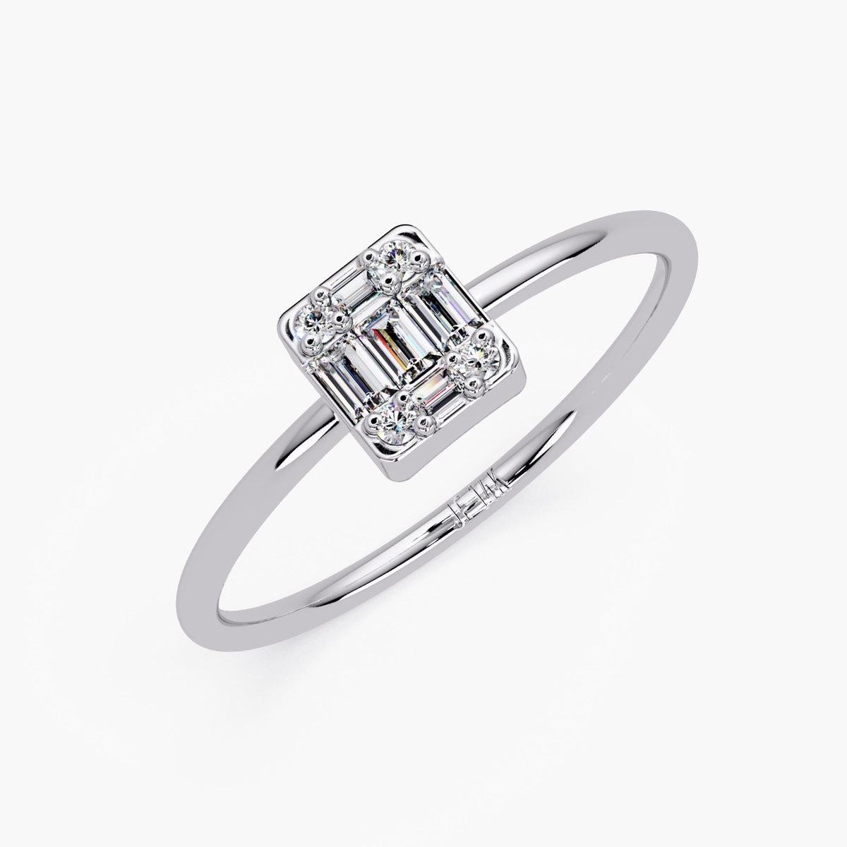 Side angle of rectangular baguette diamond ring in 14K white gold