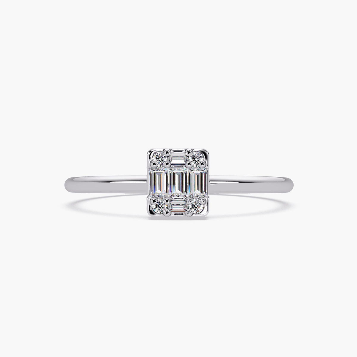 Rectangle baguette and round diamond ring in 14K white gold, minimalist solid gold band