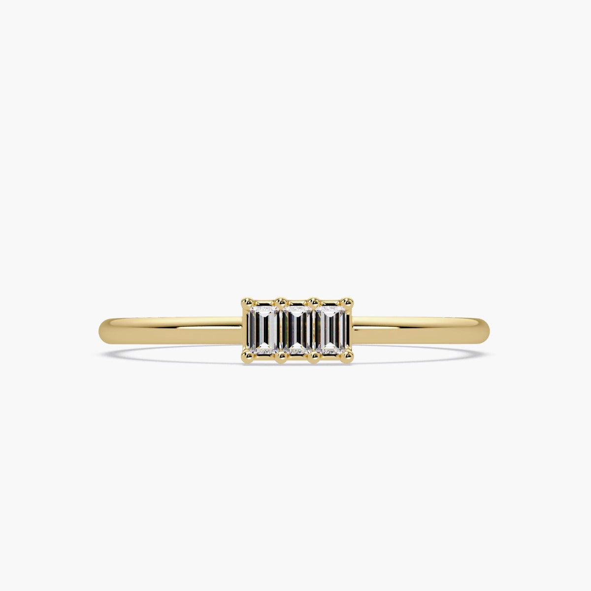 Yellow Gold Front View of Baguette Diamond Bar Ring in 14K Gold, Minimalist Stackable Ring, Modern Baguette Ring, Dainty Everyday Diamond Band