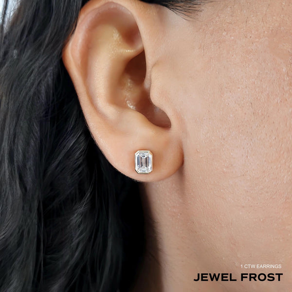 0.50-2 Ctw Emerald Cut Lab Grown Diamond Stud Earring, 14k Gold Bezel Setting Solitaire Emerald Diamond Studs, Minimalist Dainty Studs
