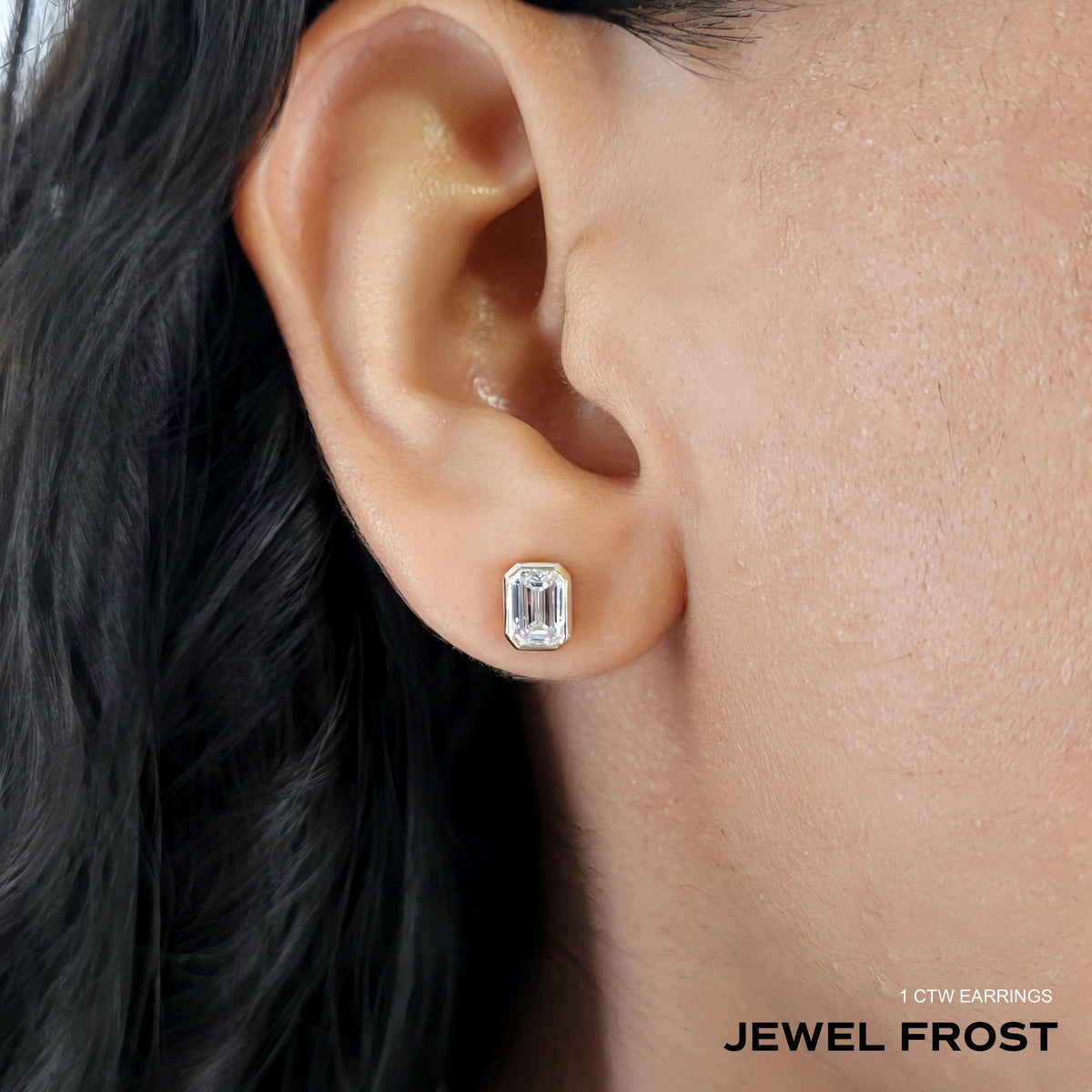 0.50-2 Ctw Emerald Cut Lab Grown Diamond Stud Earring, 14k Gold Bezel Setting Solitaire Emerald Diamond Studs, Minimalist Dainty Studs