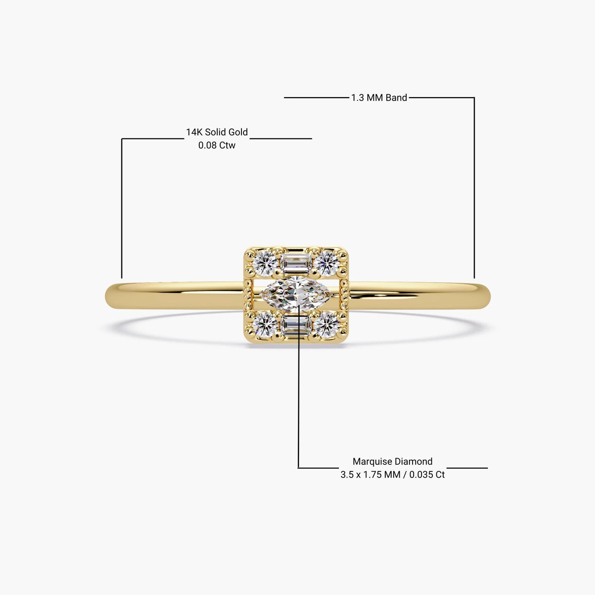 Ring shown with measurements for the band and diamond cluster.