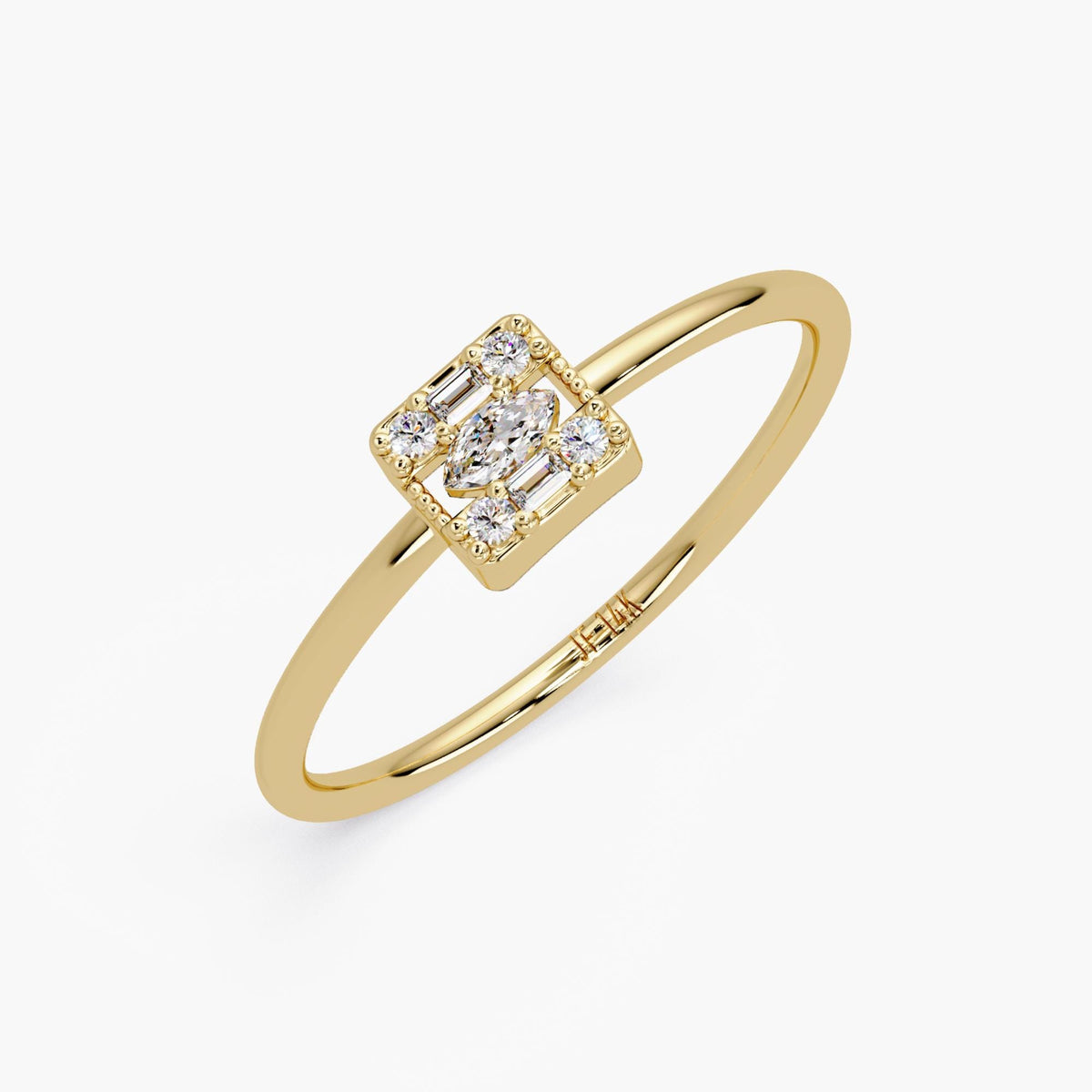 Angled view of the yellow gold ring showing the diamond layout and band profile.