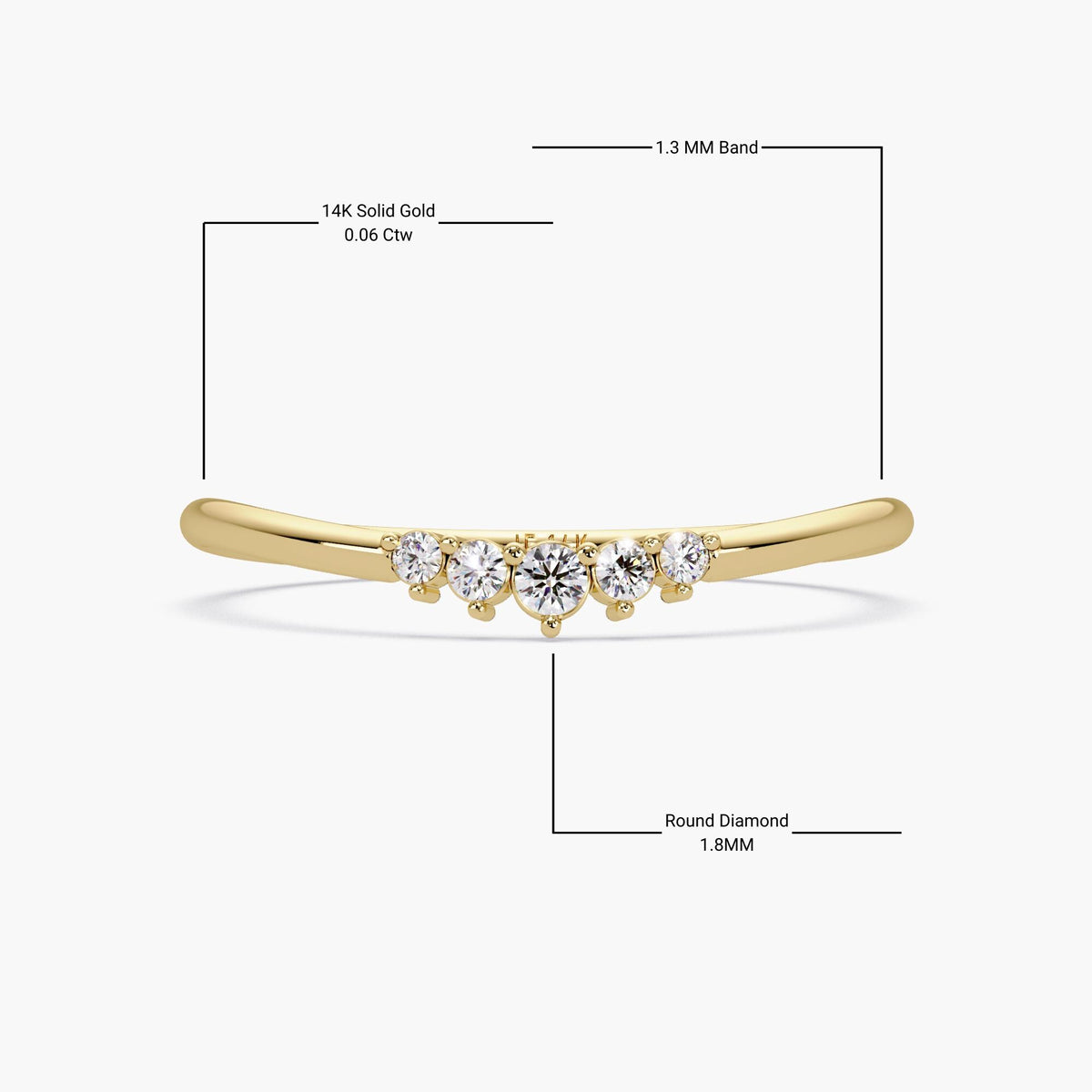 Curved diamond band in yellow gold shown with full measurements.