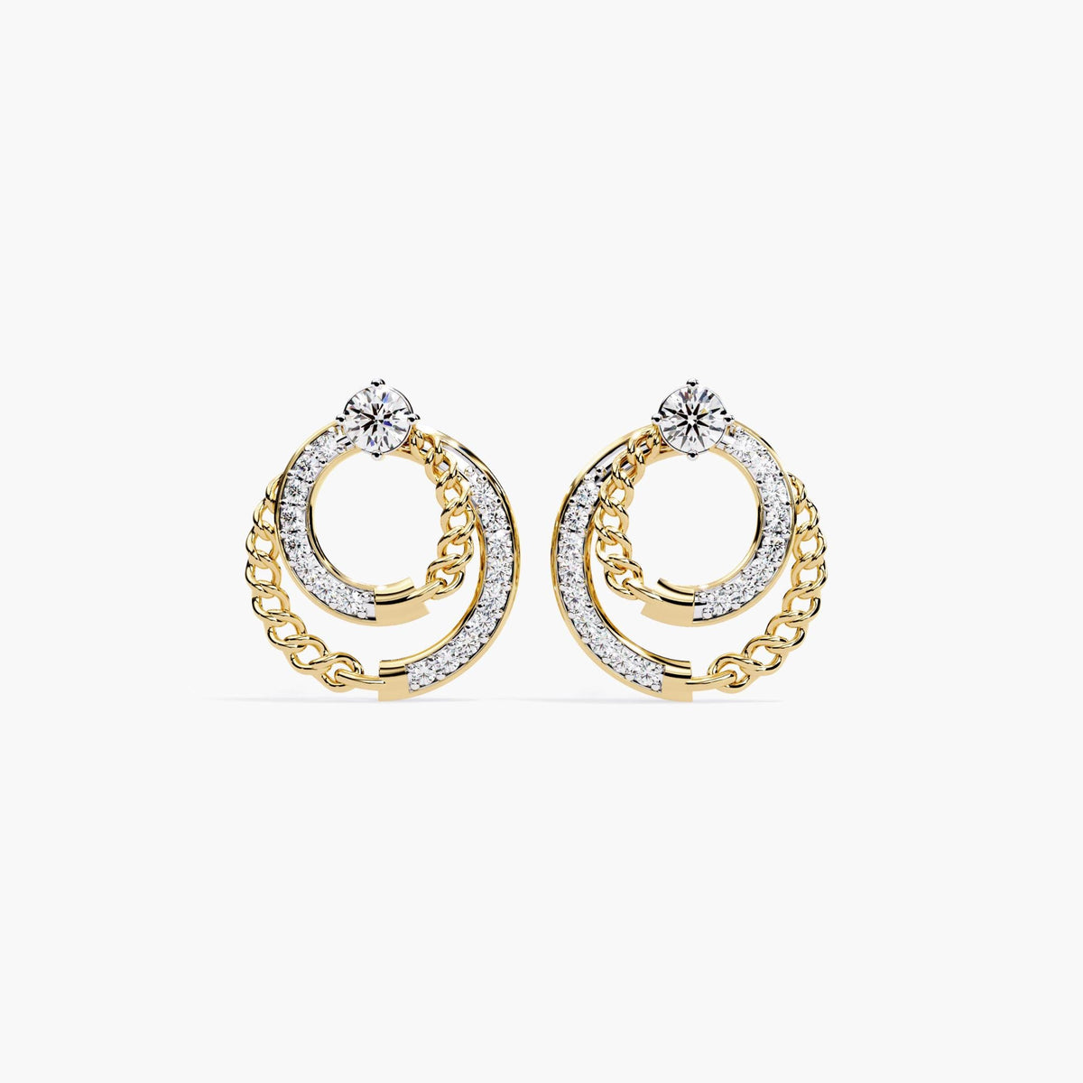 Double circle stud earrings in yellow gold with diamond and curb chain detail.