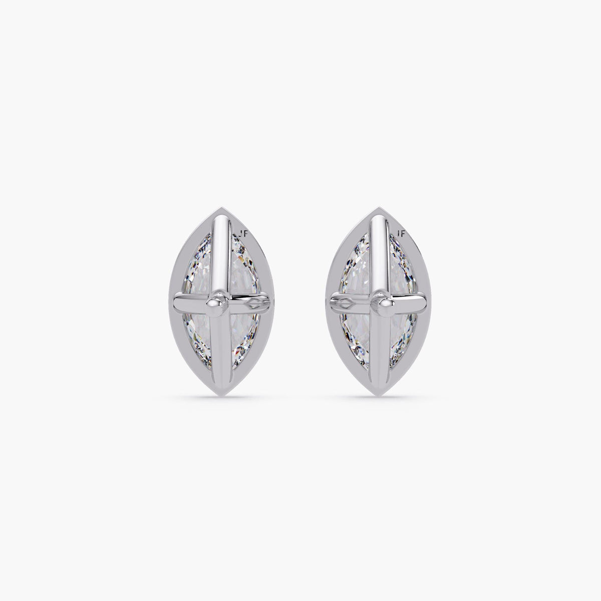 marquise cut lab grown diamond stud earrings in 14k white gold. The earrings feature a secure bezel setting with a cross-shaped open gallery and pushback posts, offering a clean and supportive structure.