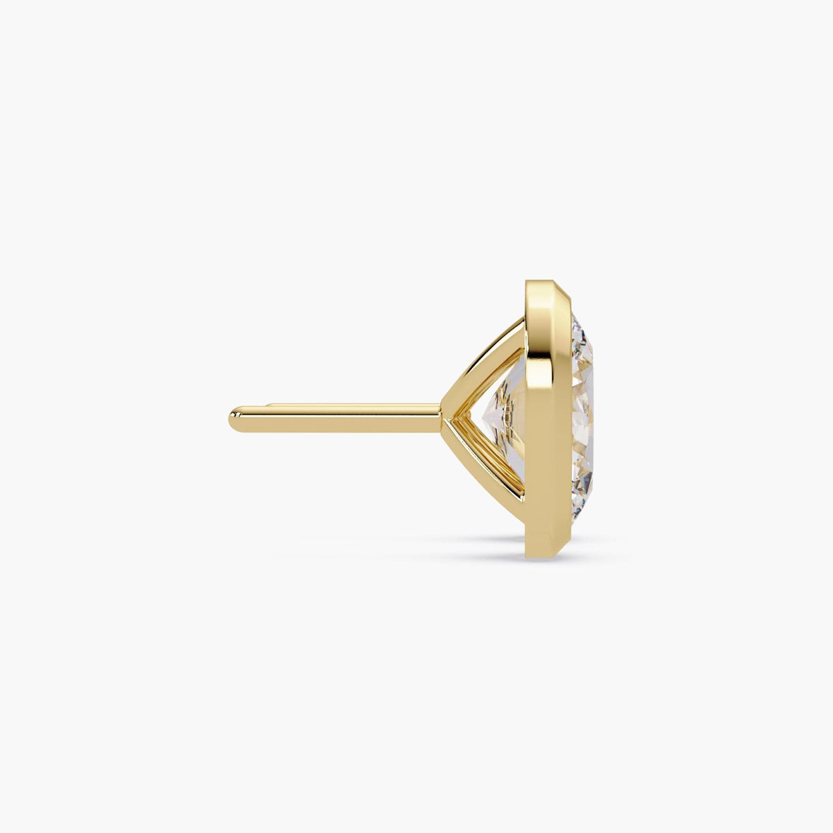 14k yellow gold bezel set oval diamond stud earring, showcasing the low-profile open gallery and straight pushback post. Designed for secure and comfortable everyday wear.