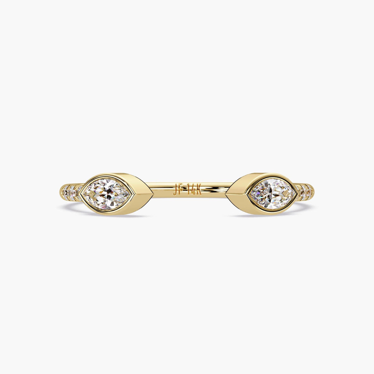 14K yellow gold open ring with a marquise diamond set in a bezel setting, featuring three small round diamonds on each side, showcasing a minimalist and elegant design.
