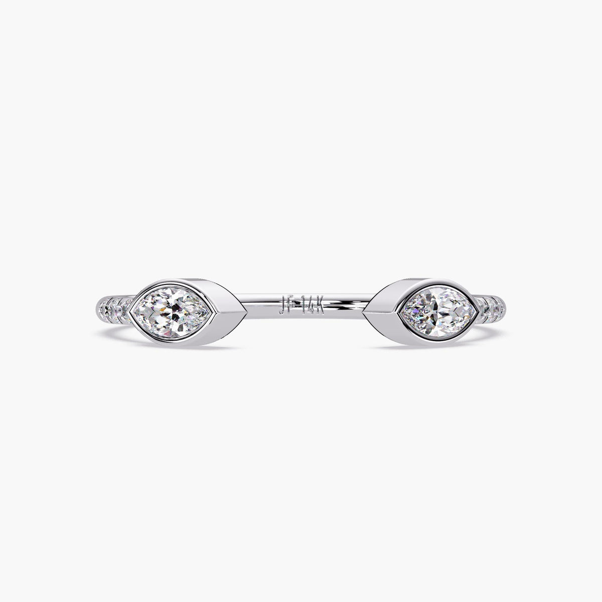 14K white gold open ring featuring a 4x2 mm marquise diamond set in a bezel setting on each end, with three small round diamonds on each side of the band.