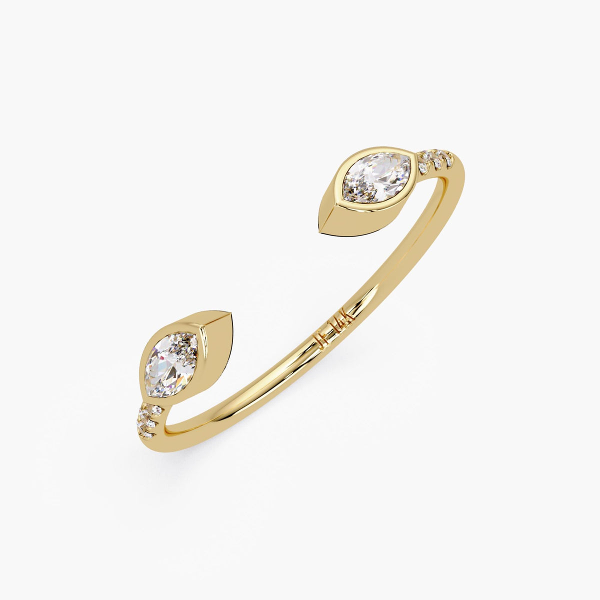 14K yellow gold open ring featuring two marquise diamonds set in bezel settings, with three small round diamonds on each side of the band