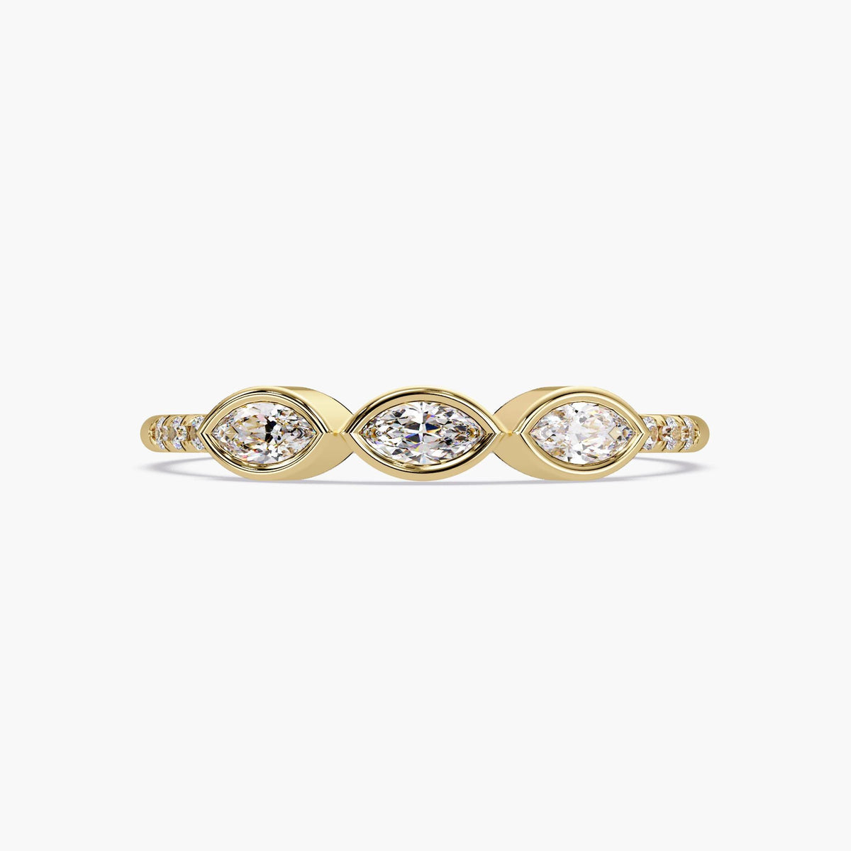14K yellow gold ring featuring three marquise diamonds set in bezel settings, with small round diamonds on the sides of the band