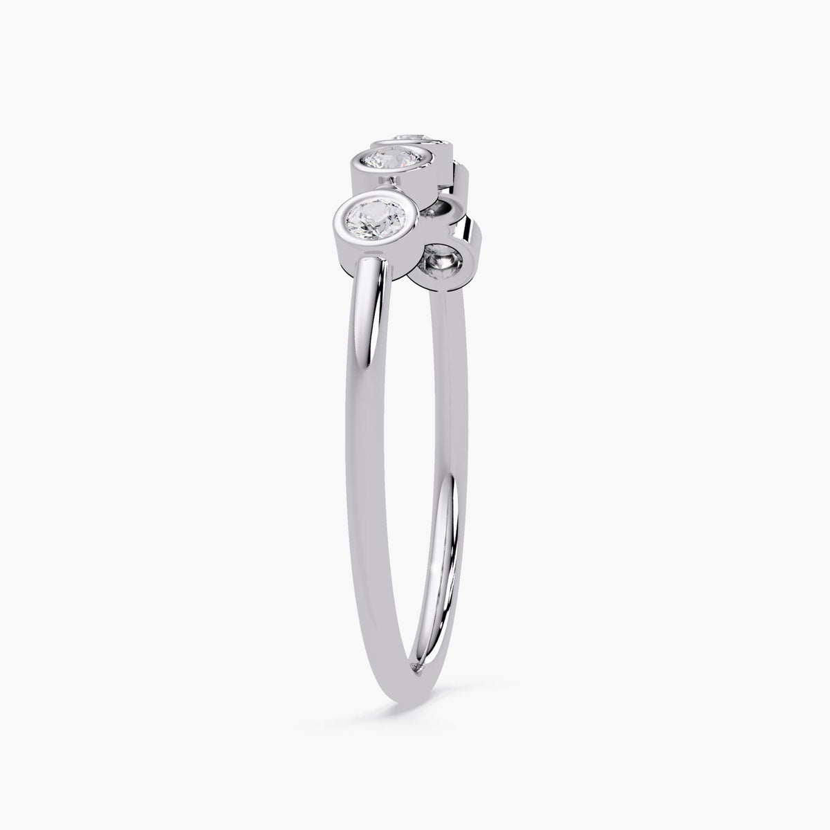 A 14K white gold band featuring five bezel-set round diamonds. The diamonds are arranged evenly along the band