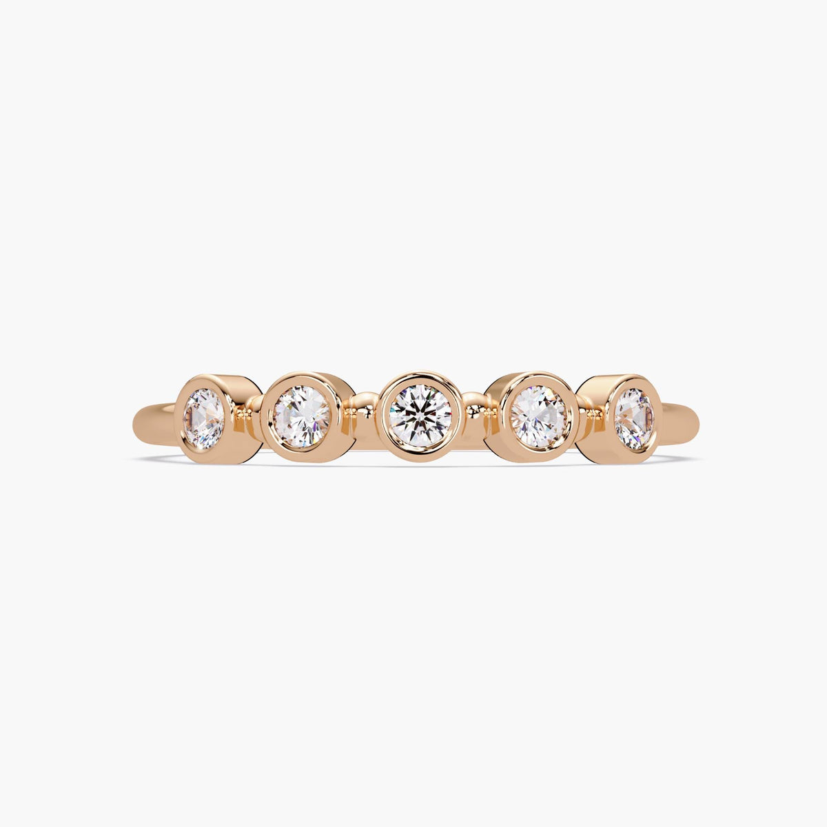 A 14K rose gold band featuring five bezel-set round diamonds. The diamonds are arranged evenly along the band