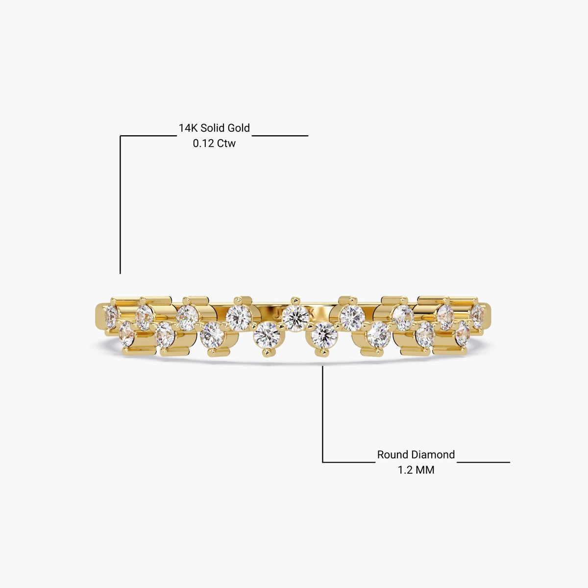 Front view of a 14K yellow gold zig zag diamond ring with labeled specs. The ring features round 1.2 mm diamonds in a flowing pattern, with a total carat weight of 0.12 Ctw. Labels highlight "14K Solid Gold" and "Round Diamond 1.2 MM."