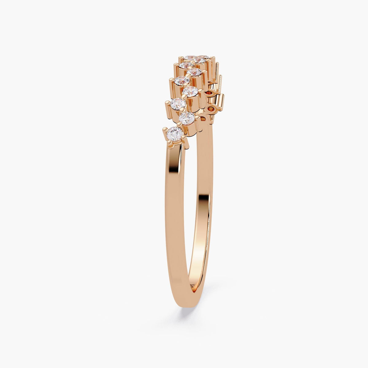 Side view of a 14K rose gold zig zag diamond ring