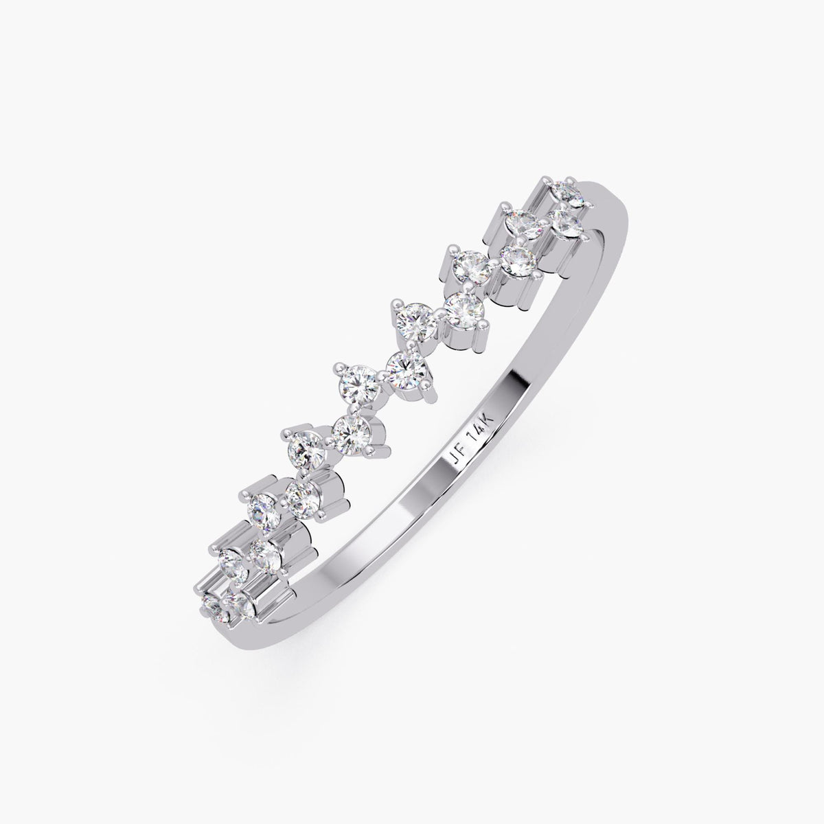 Angled view of a 14K white gold zig zag diamond ring engraved with "JF 14K" inside the band. The ring features round diamonds set in a graceful wave-like pattern, creating a modern, open design.