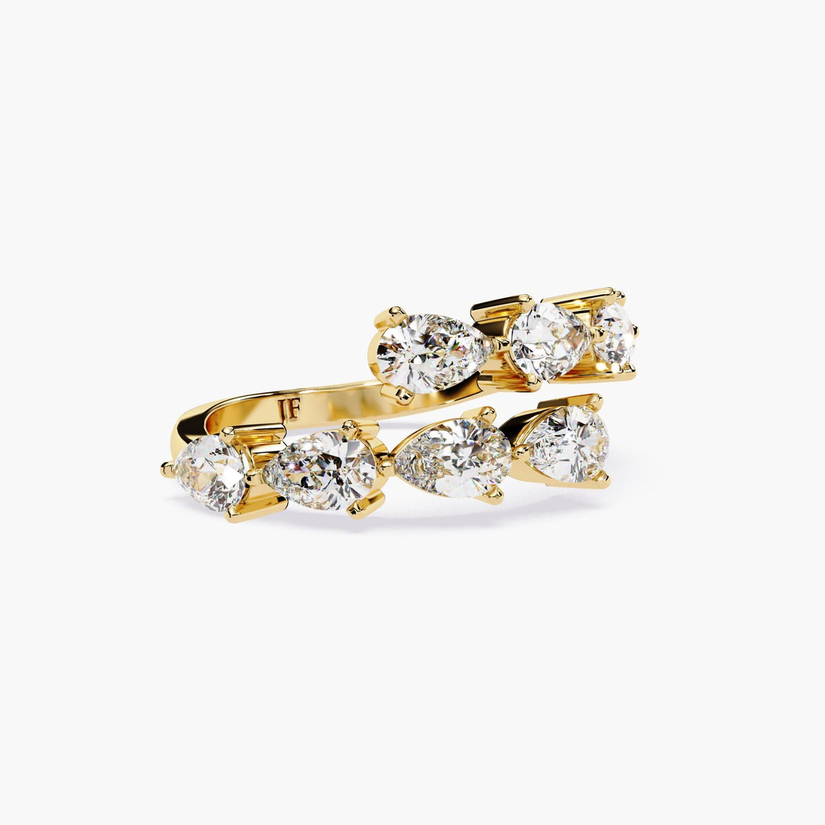 14k yellow gold wrap ring featuring pear cut lab grown diamonds in a prong setting. The diamonds are arranged in a split bypass style, showcasing the open band and high-polish finish.