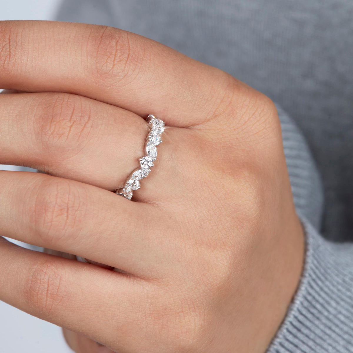 1 CTW Lab Grown Diamond Ring: 14K Gold Marquise & Round Half Infinity Band
