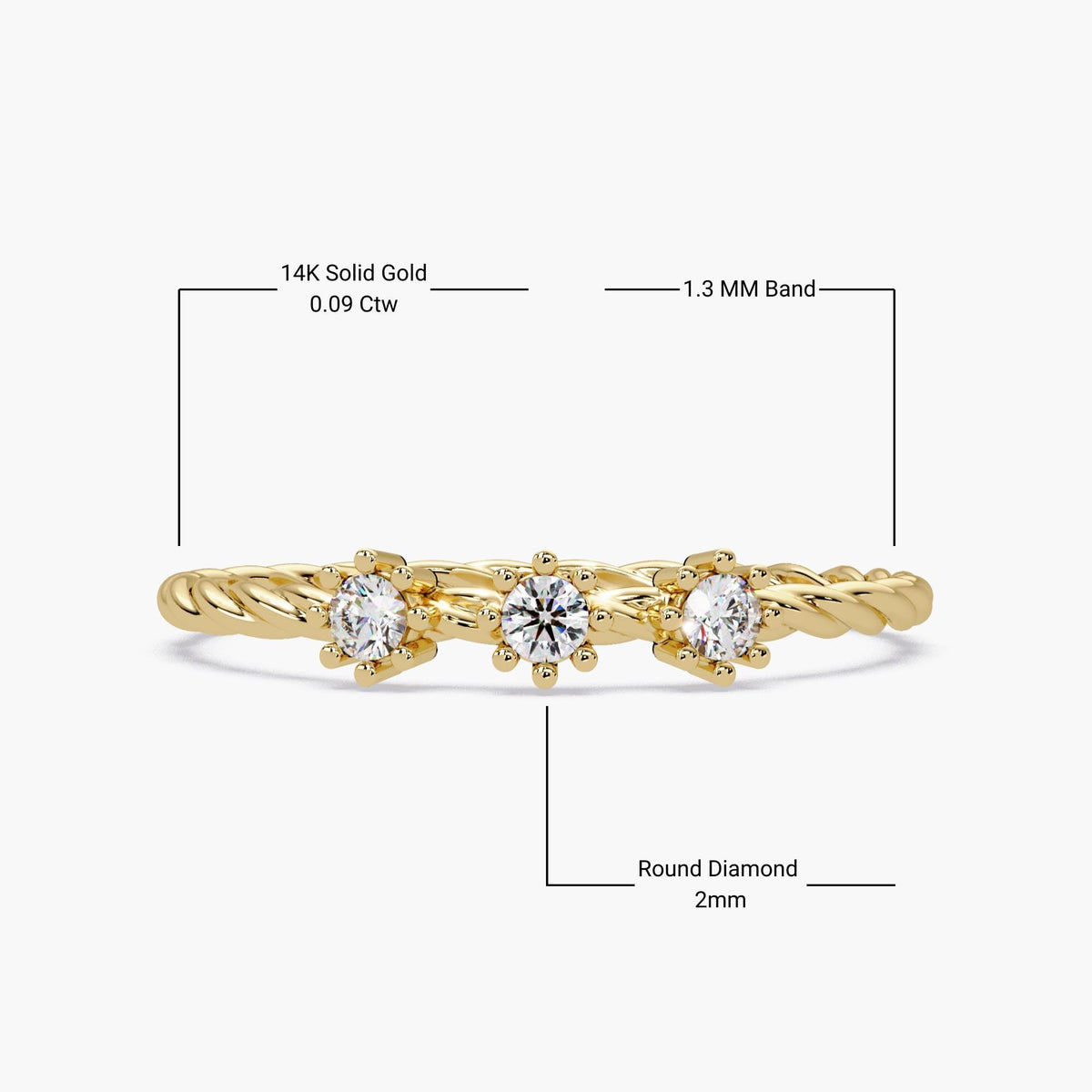 Front view of a 14k yellow gold twisted diamond ring with labeled details showing 0.09 carat total weight, 1.3 mm band width, and three 2mm round diamonds in floral prong settings.