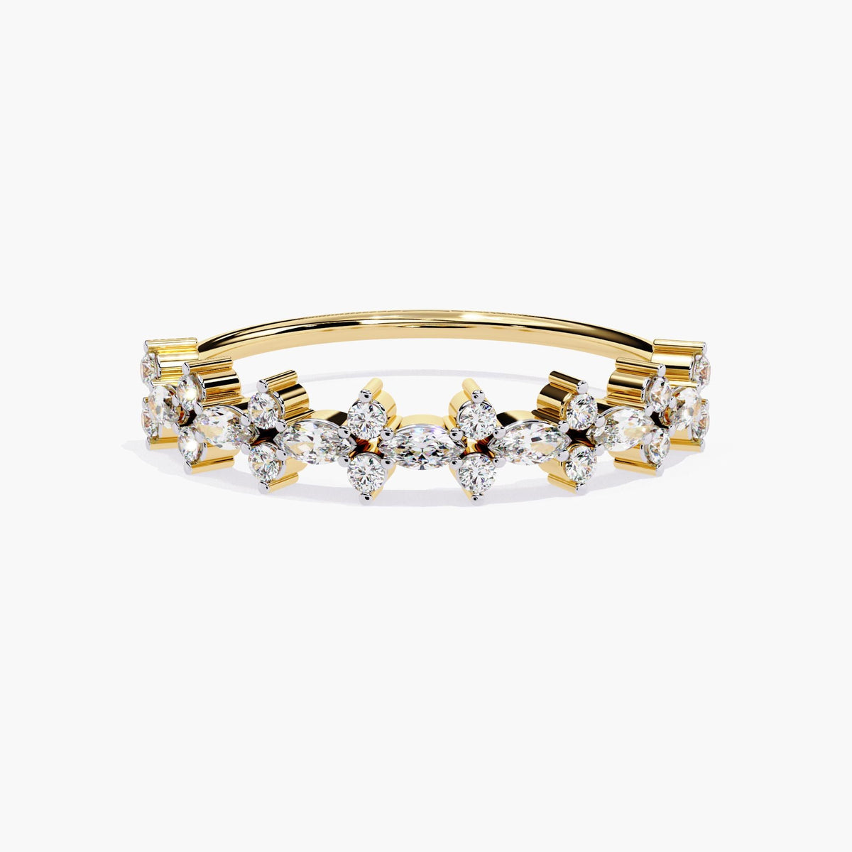Front view of a 14k yellow gold ring featuring five repeating floral motifs made from marquise and round lab-grown diamonds. Each cluster forms a four-petal shape with a marquise diamond at the center flanked by round diamonds, creating a continuous clover-like pattern across the top half of the band.
