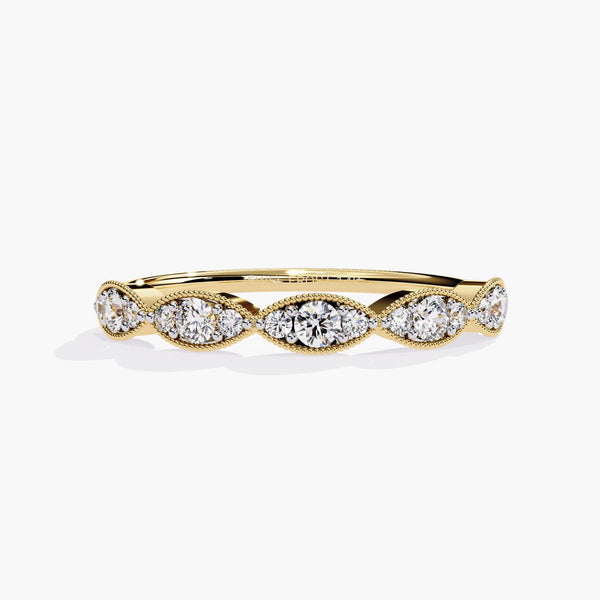 Scallop Diamond Ring, Art Deco Milgrain Band, 14k Gold Half Eternity Ring, Unique Diamond Ring, Anniversary Gift for Her