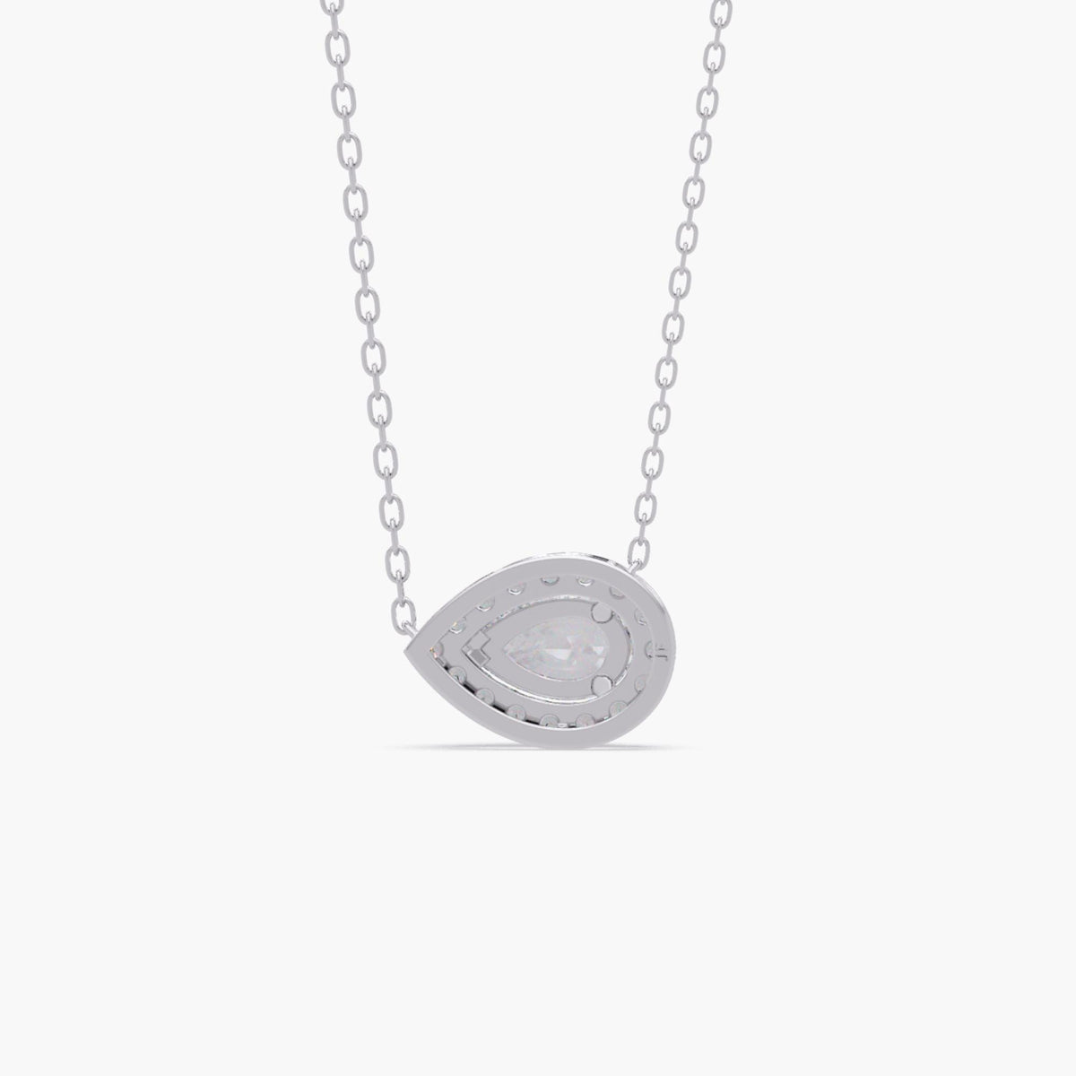 14k white gold pear diamond pendant with a 1ct lab grown pear-shaped center diamond surrounded by a halo of round diamonds in an east west setting.