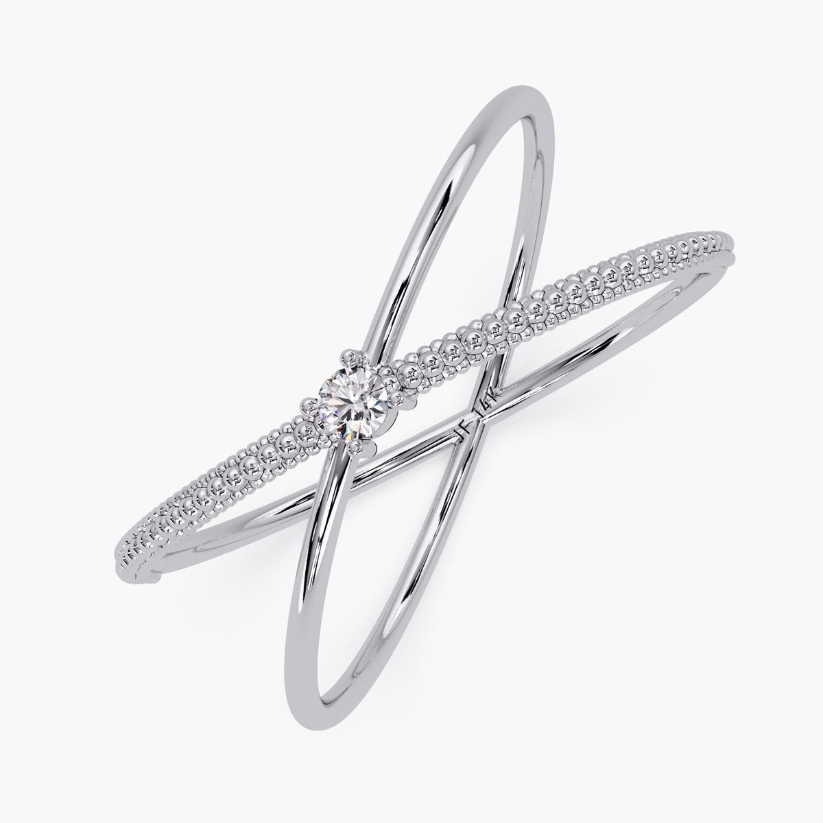14k white gold criss cross ring featuring a round natural diamond at the center, with one polished band crossing over a beaded gold band in an X-ring design.