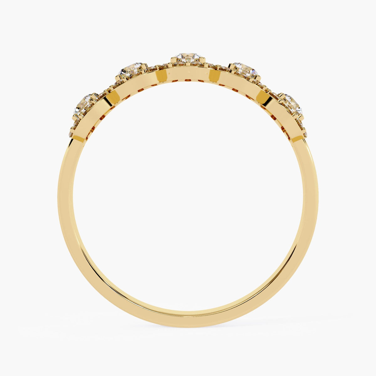 Top-down view of a 14k yellow gold band showing the structured base of five evenly spaced raised settings. The half-eternity design is visible in the polished curve of the band, offering a sturdy yet refined silhouette for daily wear or bridal styling.