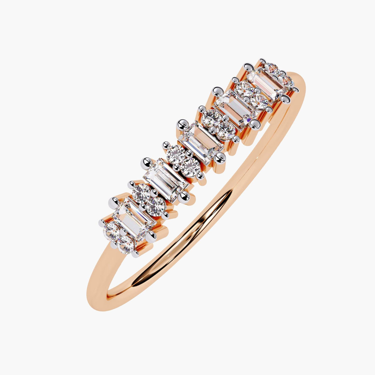 Angled view of a rose gold ring with alternating vertical baguette and round diamonds, set in prongs along the top half of a slim polished band.