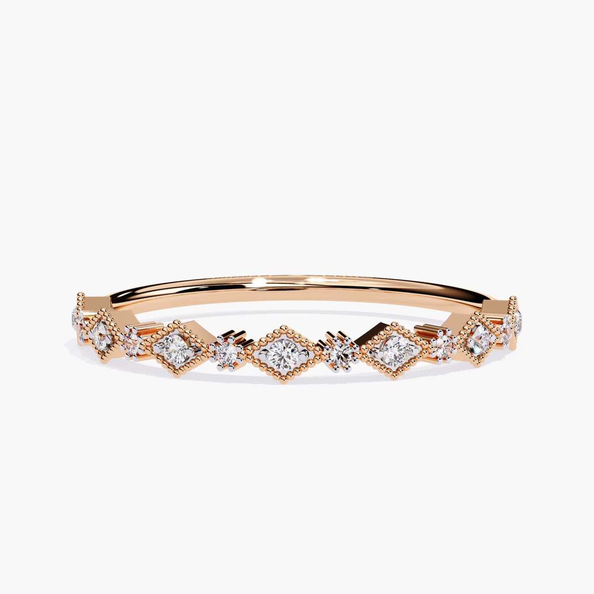 Front view of a 14k rose gold Art Deco diamond ring with round lab-grown diamonds set in alternating prong and marquise-shaped milgrain bezels. The warm tone of the gold enhances the vintage-inspired half eternity design.