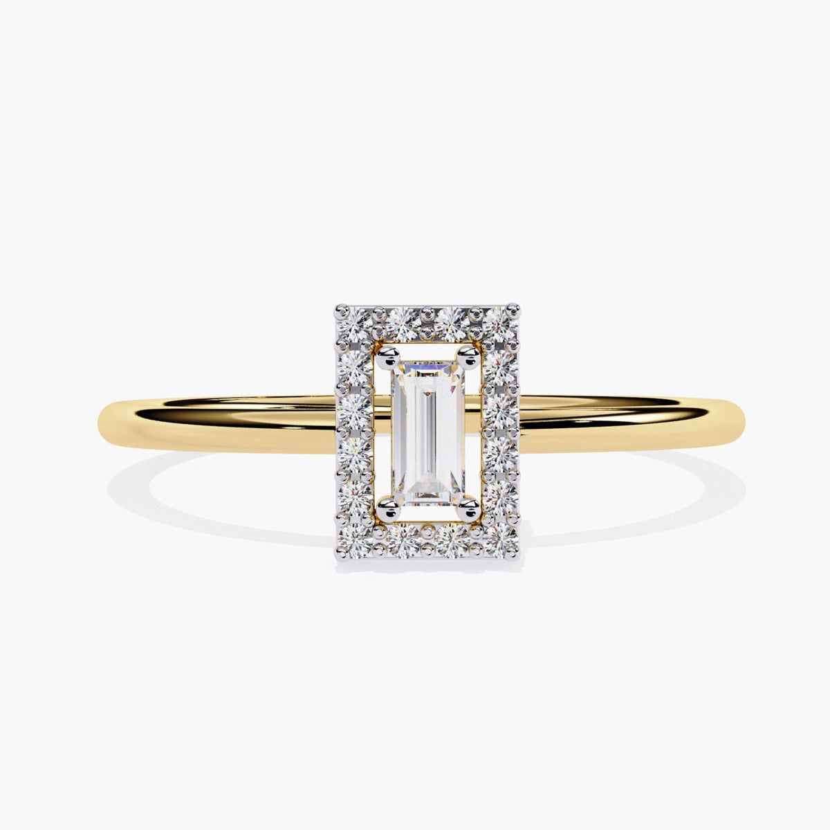 A yellow gold ring featuring a rectangular baguette-cut diamond at the center, surrounded by a halo of round brilliant diamonds. The halo is made of pave-set diamonds. Its an engagement ring or a statement piece.