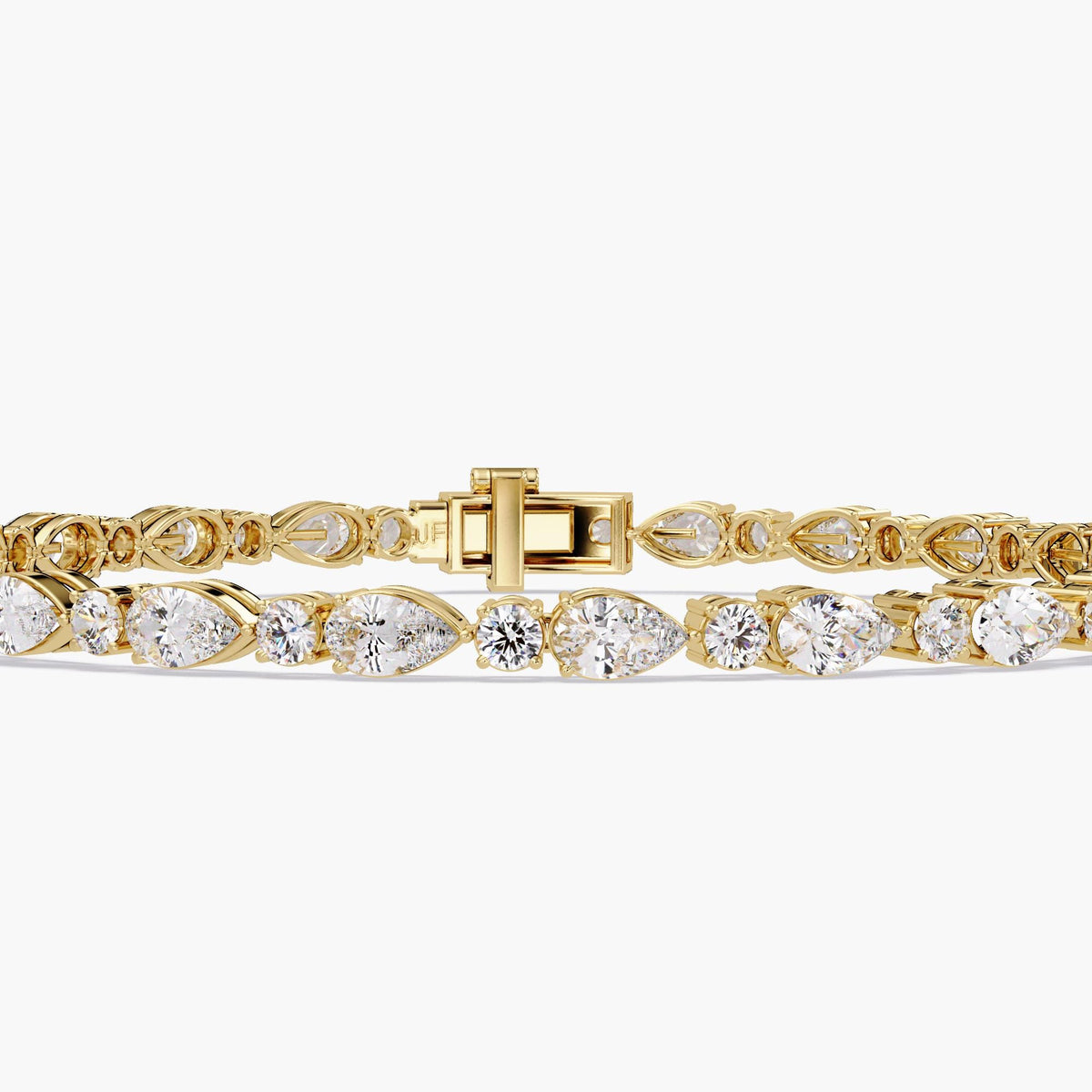 Front view of a 14k yellow gold diamond tennis bracelet featuring alternating pear-shaped and round lab-grown diamonds in prong settings with a secure clasp.