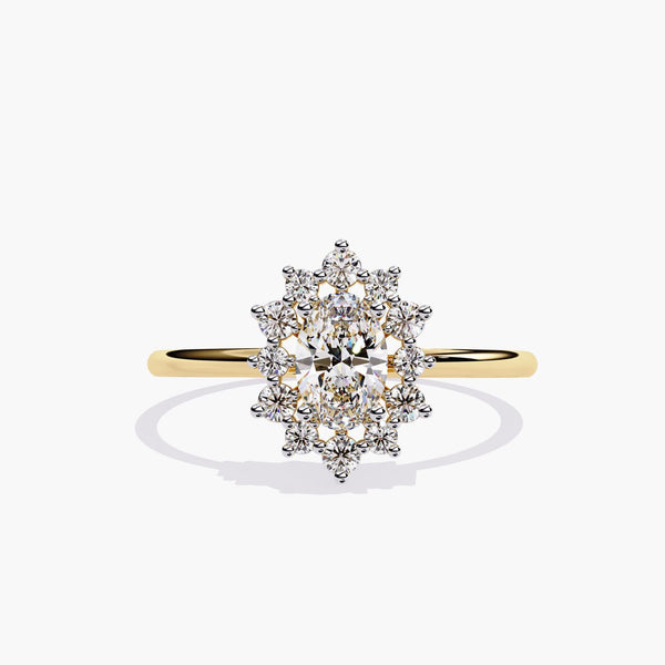0.5 Ct Dainty Oval Halo Lab Diamond Ring, 14K Gold Sunburst Engagement Ring, 1.3mm Thin Band